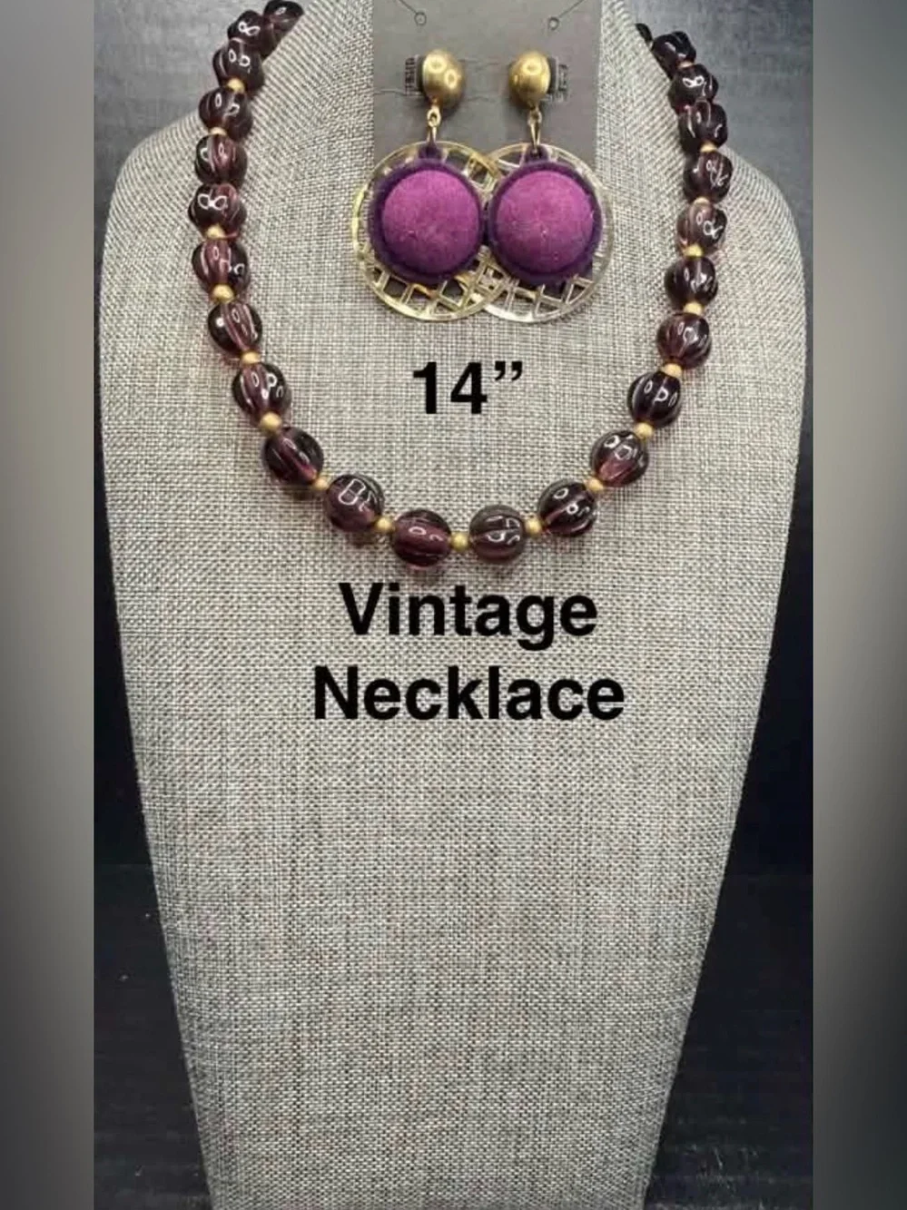 Vintage Purple Bead Necklace and Earrings Set